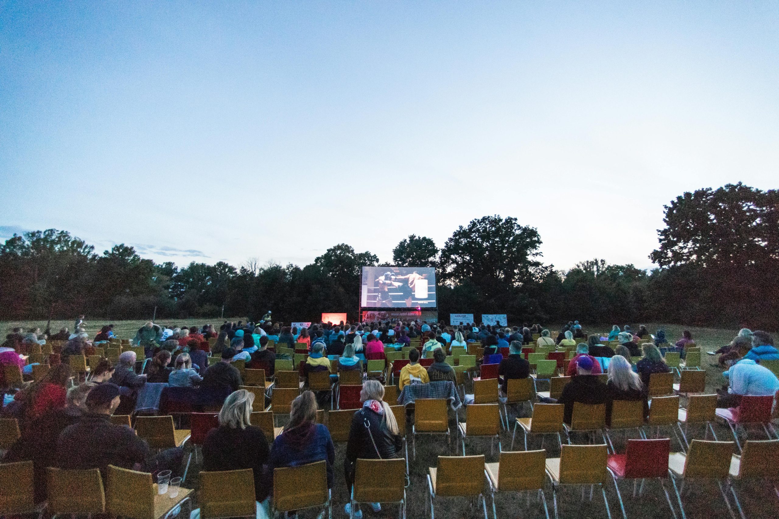A large audience enjoys an outdoor movie screening in a Czech park at twilight.